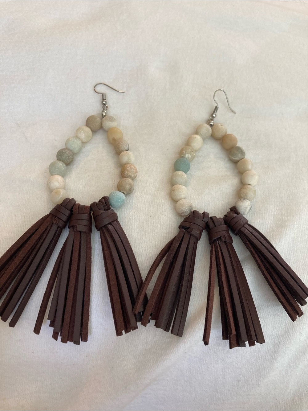 Beaded Dangle Earrings with Brown Faux Leather Tassel - Picture 2 of 7